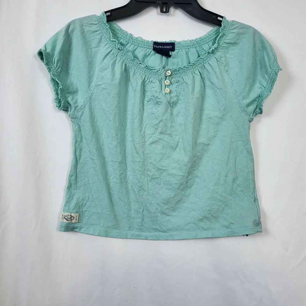 Ralph Lauren Girls Mint Green Ruffled Neck Puff Sleeve Peasant Blouse 4T Vintage